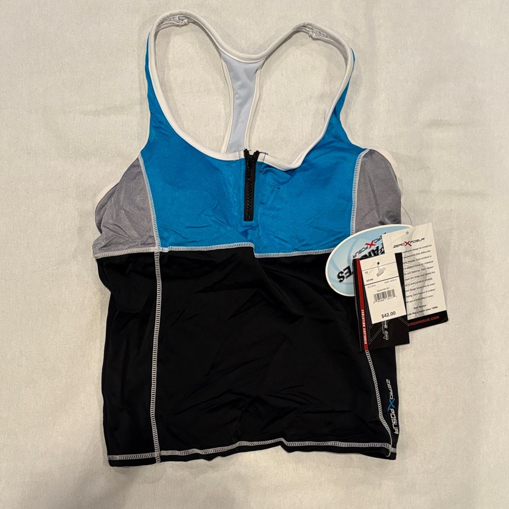 ZeroXposur Women’s Blue, Gray, and Black Swim Top. Size12. NWT